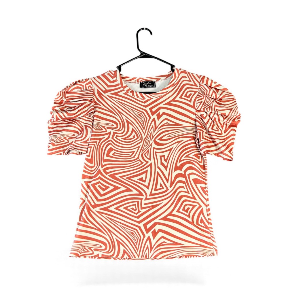 NYLON APPAREL Women Geometric Print Puff‎ Sleeve T-Shirt Top Size L